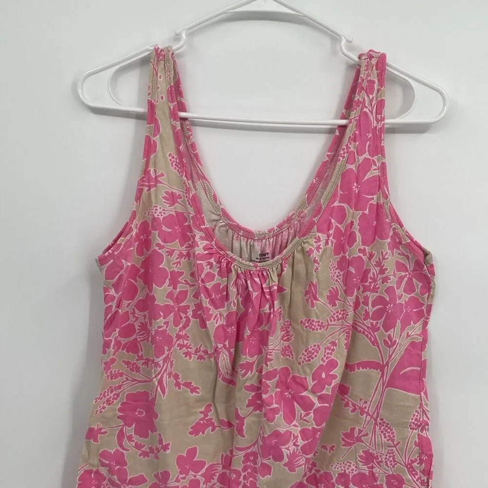 Old Navy Tan Pink Floral Flowy Tank Top Large